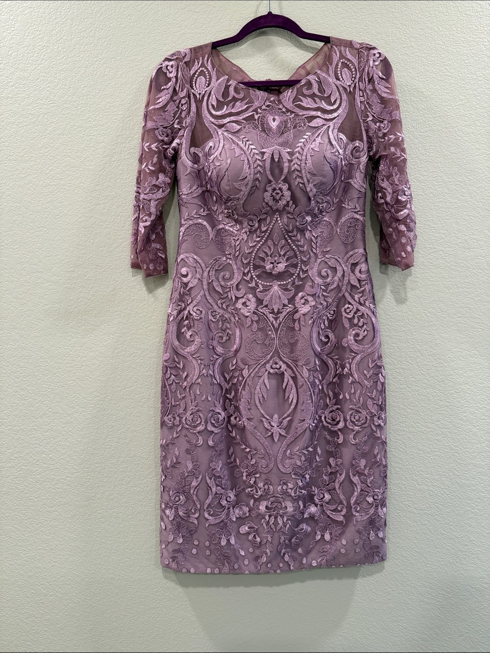 JJs House Mauve Lace Long Sleeve Sheath Dress